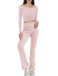 Women's 2 Piece Outfits Lounge Sets Cropped Top Fold-over Flare Pants Set Pajamas