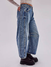 Women's Wide Leg Mid Waist Cropped Denim Pants Y2k Baggy Boyfriend Jeans with Pockets