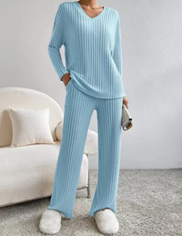 Women's 2 Piece Outfits Pit Strip Long Sleeve V Neck Knit Sweater Lounge Set Sweatsuit