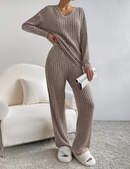 Women's 2 Piece Outfits Pit Strip Long Sleeve V Neck Knit Sweater Lounge Set Sweatsuit