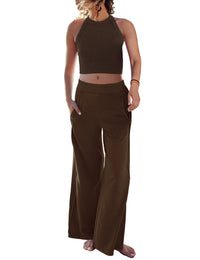 Women's Two Piece Summer Sets Ribbed Tank Crop Top Wide Leg Pants Lounge Sets