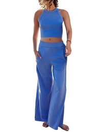 Women's Two Piece Summer Sets Ribbed Tank Crop Top Wide Leg Pants Lounge Sets