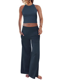 Women's Two Piece Summer Sets Ribbed Tank Crop Top Wide Leg Pants Lounge Sets