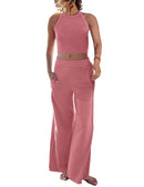 Women's Two Piece Summer Sets Ribbed Tank Crop Top Wide Leg Pants Lounge Sets