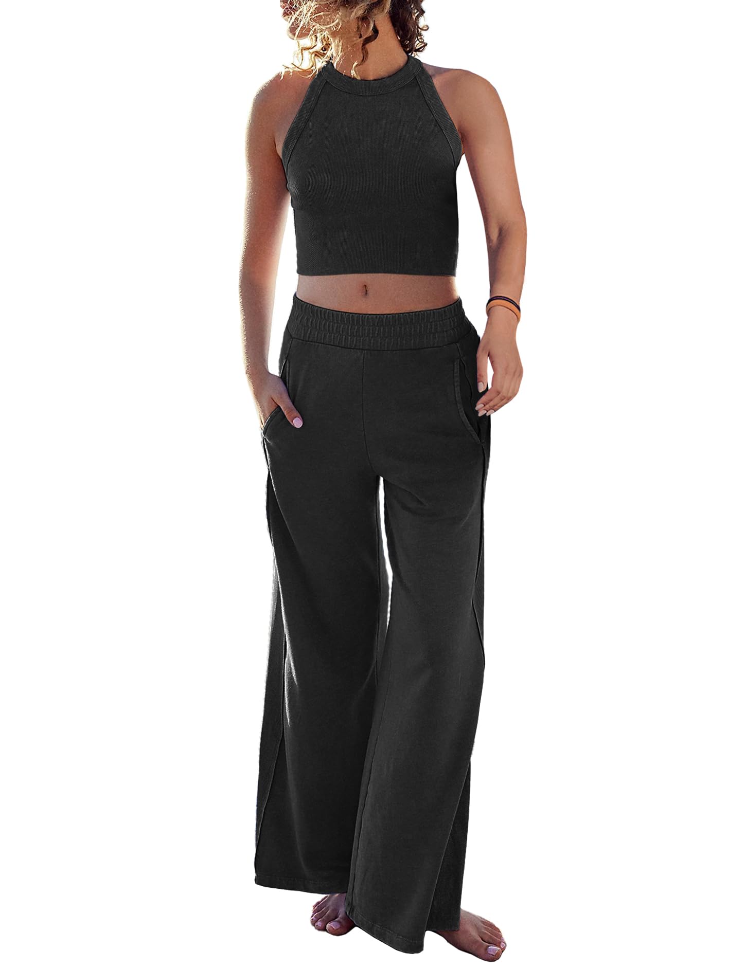 Women's Two Piece Summer Sets Ribbed Tank Crop Top Wide Leg Pants Lounge Sets