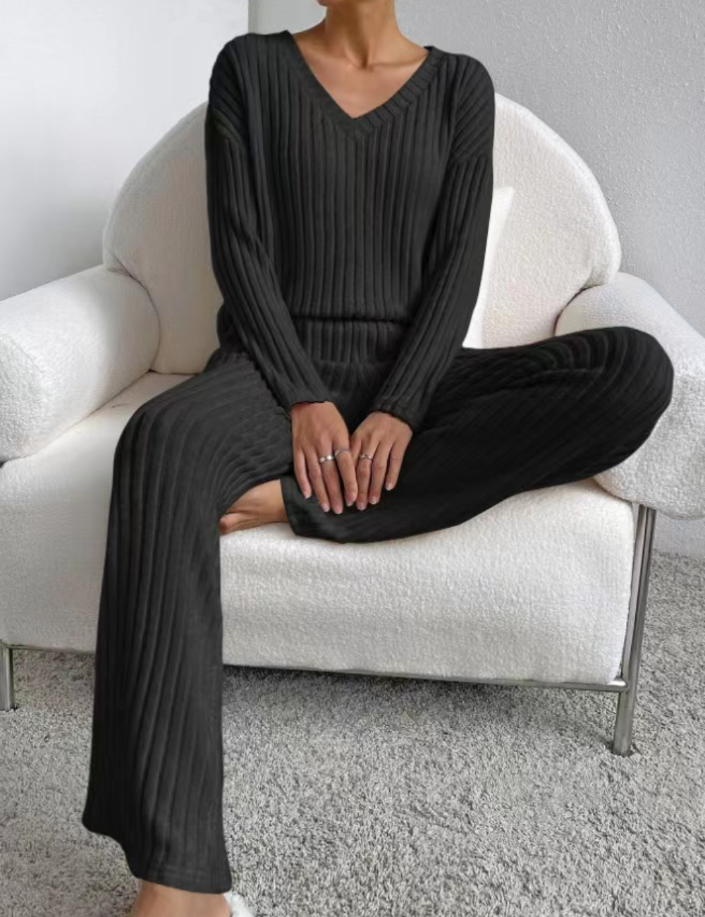 Women's 2 Piece Outfits Pit Strip Long Sleeve V Neck Knit Sweater Lounge Set Sweatsuit