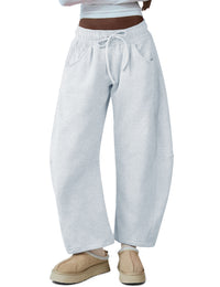 Women's Barrel Leg Sweatpant Drawstring Elastic Waisted Wide Leg Pants Casual Cotton Palazzo Trousers with Pockets