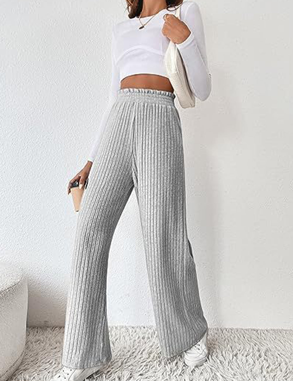 Women's Casual Elastic High Waist Knit Loose Lounge Pants Trousers