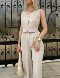 Women's 2 Piece Outfits Button Front Waistcoat Sleeveless Vest and Pants