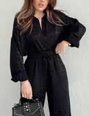 Women's 2 Piece Outfits Casual Long Sleeve Button Down Shirt High Waist Wide Leg Trouser Sets