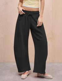 Women's Barrel Leg Sweatpant Drawstring Elastic Waisted Wide Leg Pants Casual Cotton Palazzo Trousers with Pockets