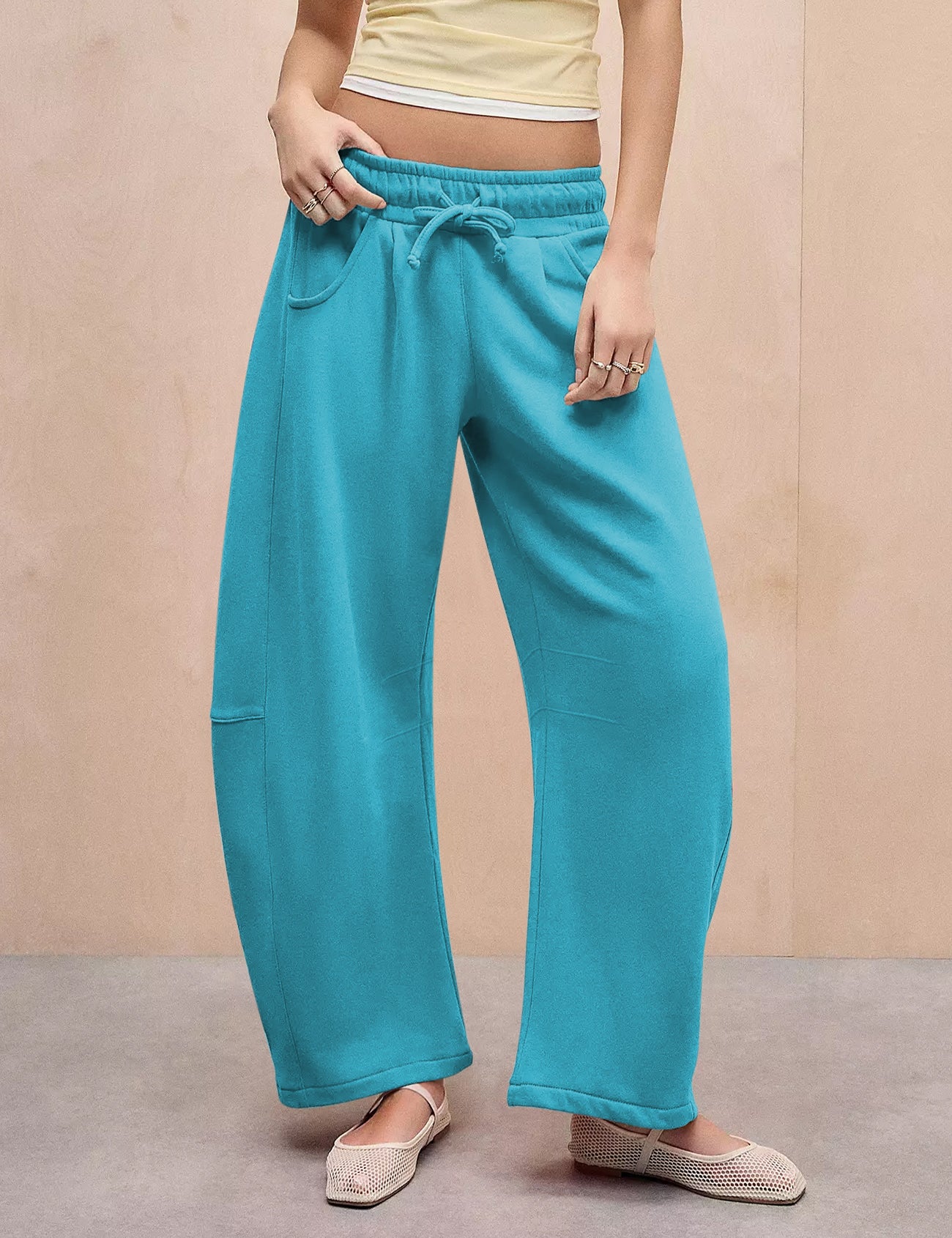 Women's Barrel Leg Sweatpant Drawstring Elastic Waisted Wide Leg Pants Casual Cotton Palazzo Trousers with Pockets