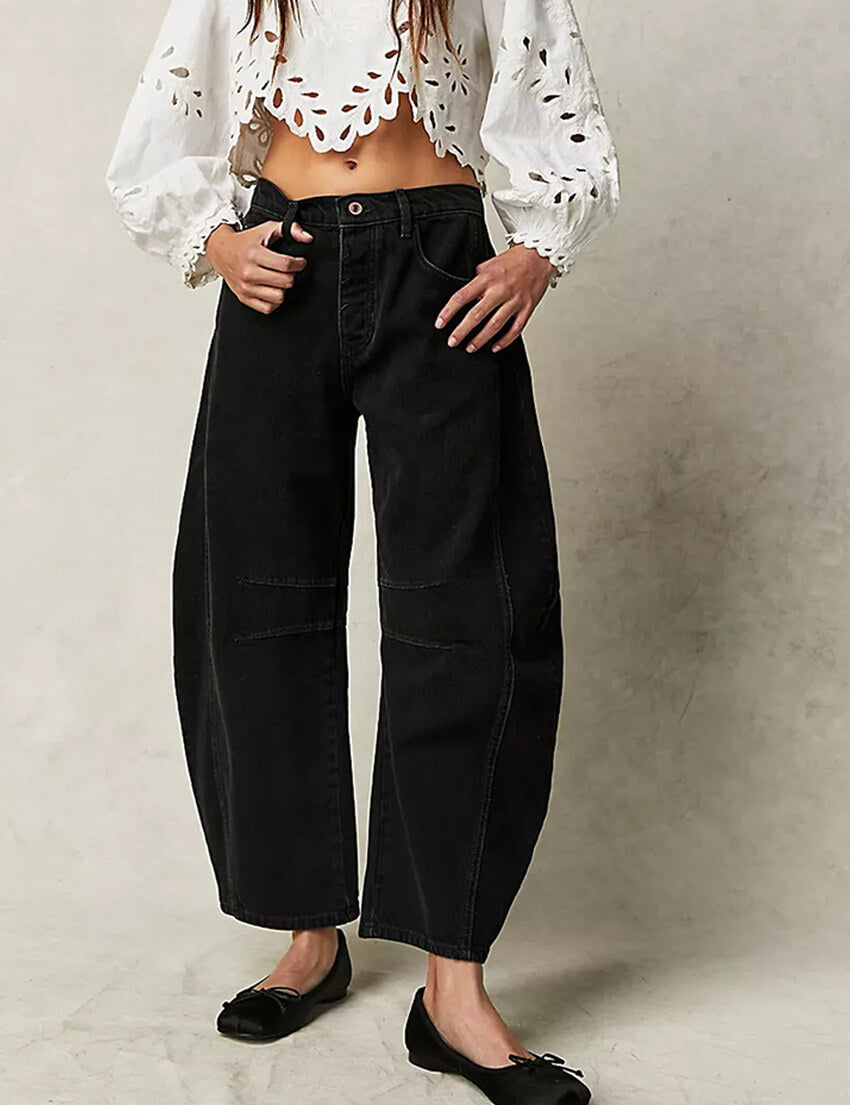 Women's Wide Leg Mid Waist Cropped Denim Pants Y2k Baggy Boyfriend Jeans with Pockets