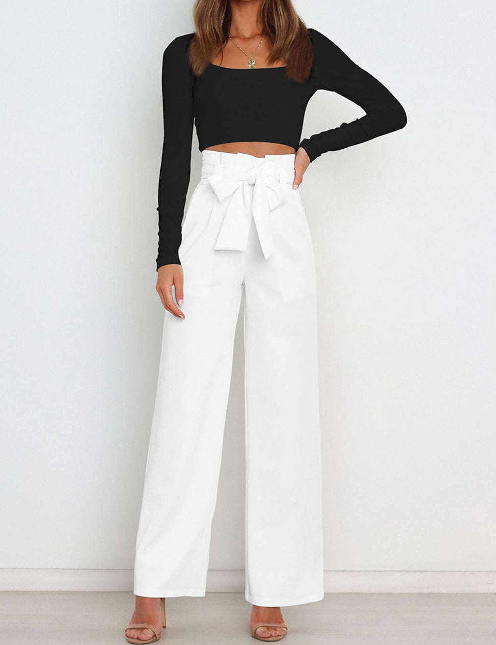 Wide Leg Pants for Women High Waisted Work Casual Flowy Tie Knot Trousers