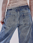 Women's Wide Leg Mid Waist Cropped Denim Pants Y2k Baggy Boyfriend Jeans with Pockets