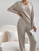 Women's 2 Piece Outfits Pit Strip Long Sleeve V Neck Knit Sweater Lounge Set Sweatsuit