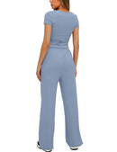 Women's 2 Piece Outfits Lounge Sets Short Sleeve Tops and High Waisted Pants Tracksuit Sets