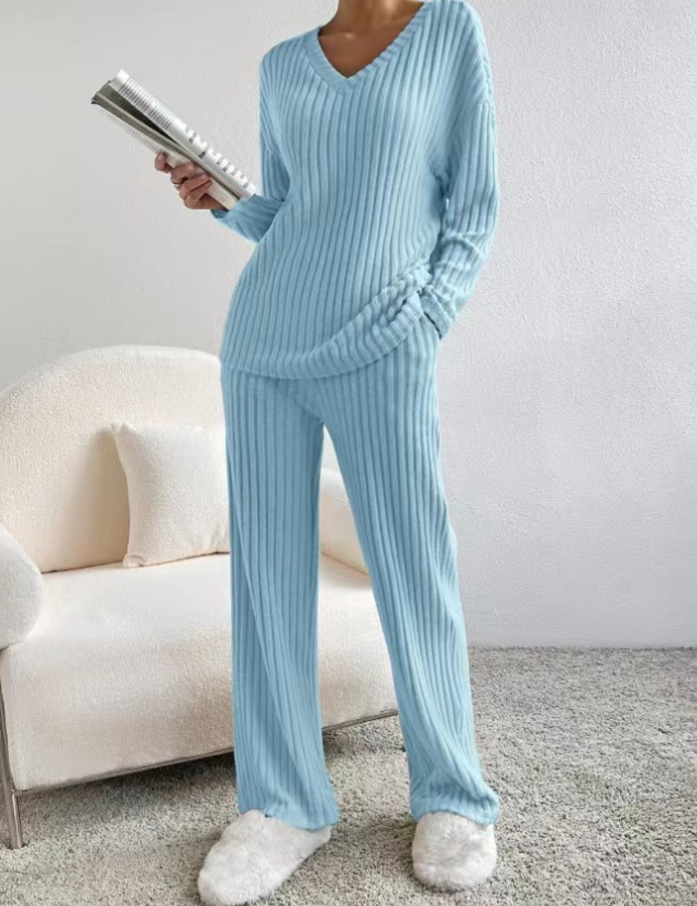 Women's 2 Piece Outfits Pit Strip Long Sleeve V Neck Knit Sweater Lounge Set Sweatsuit