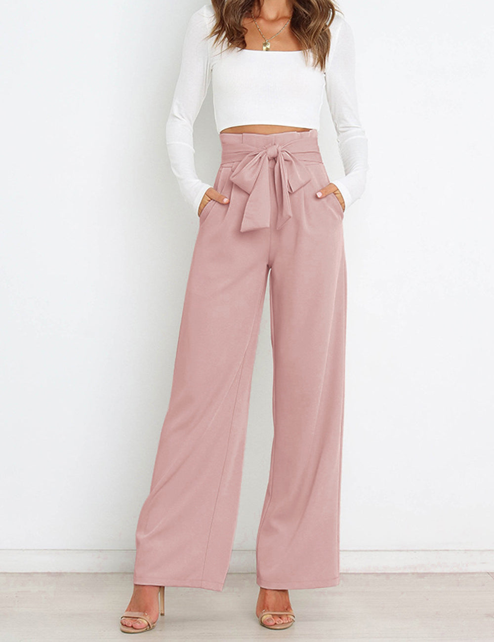 Wide Leg Pants for Women High Waisted Work Casual Flowy Tie Knot Trousers