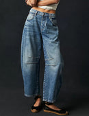 Women's Wide Leg Mid Waist Cropped Denim Pants Y2k Baggy Boyfriend Jeans with Pockets