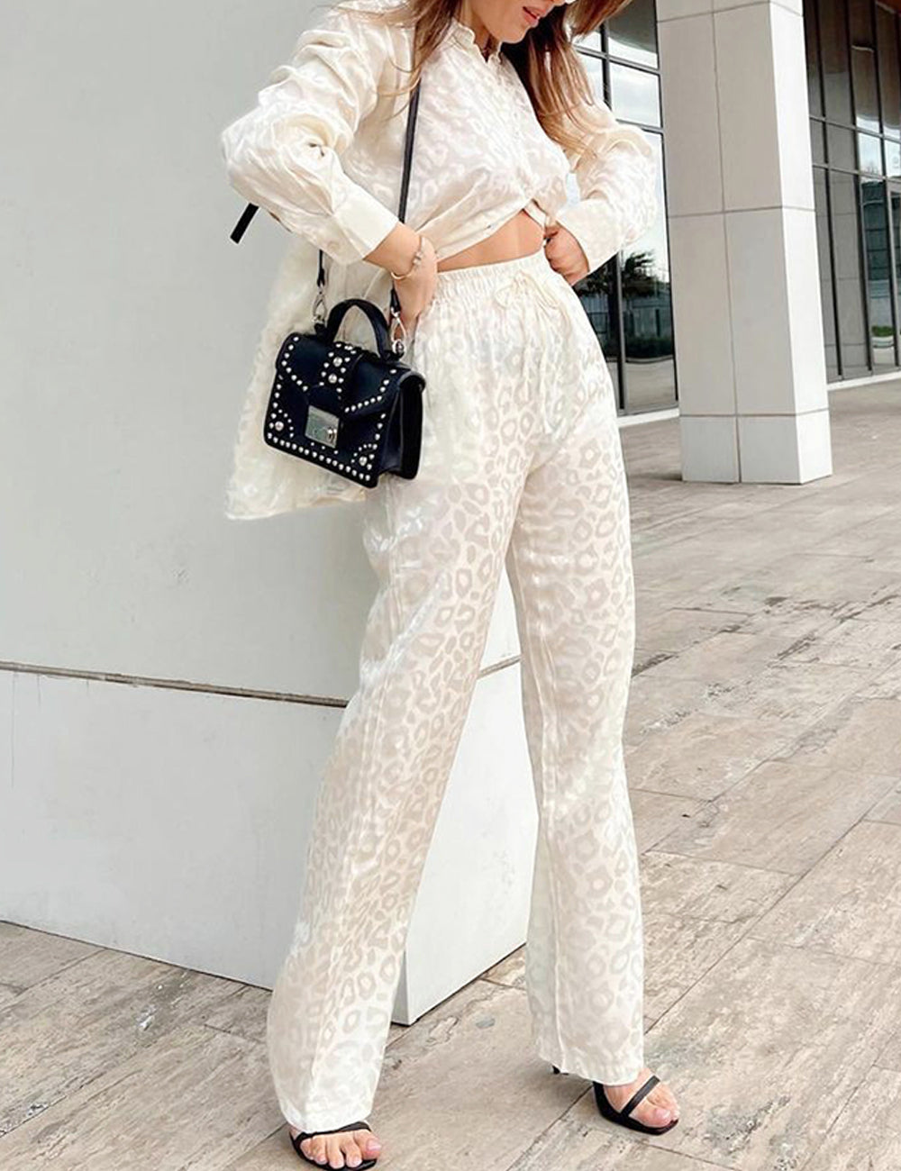 Women's 2 Piece Outfits Casual Long Sleeve Button Down Shirt High Waist Wide Leg Trouser Sets