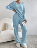 Women's 2 Piece Outfits Pit Strip Long Sleeve V Neck Knit Sweater Lounge Set Sweatsuit