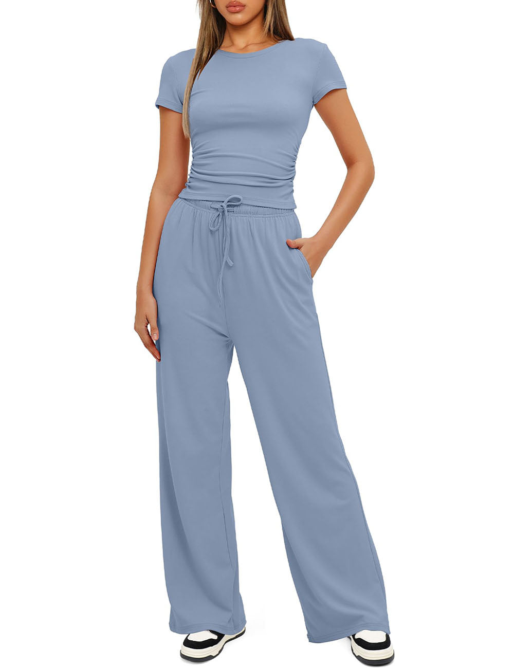 Women's 2 Piece Outfits Lounge Sets Short Sleeve Tops and High Waisted Pants Tracksuit Sets