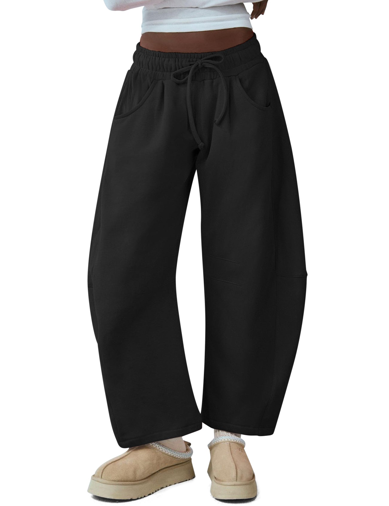 Women's Barrel Leg Sweatpant Drawstring Elastic Waisted Wide Leg Pants Casual Cotton Palazzo Trousers with Pockets
