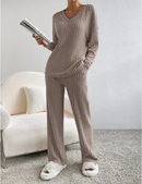 Women's 2 Piece Outfits Pit Strip Long Sleeve V Neck Knit Sweater Lounge Set Sweatsuit