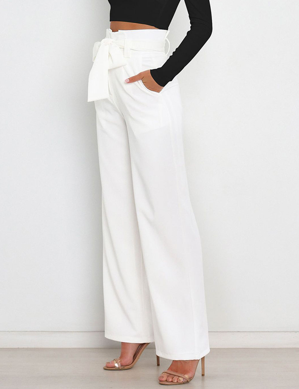 Wide Leg Pants for Women High Waisted Work Casual Flowy Tie Knot Trousers