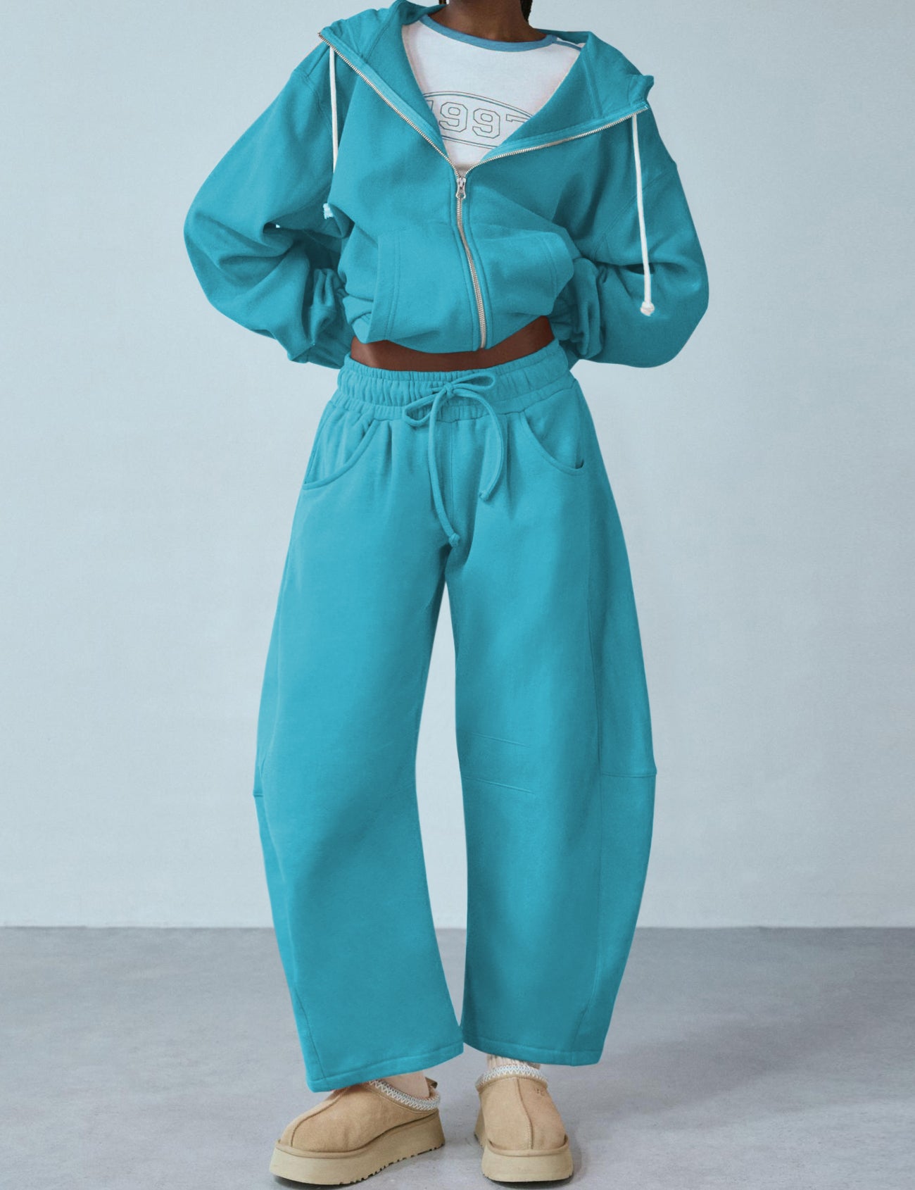 Women's Barrel Leg Sweatpant Drawstring Elastic Waisted Wide Leg Pants Casual Cotton Palazzo Trousers with Pockets