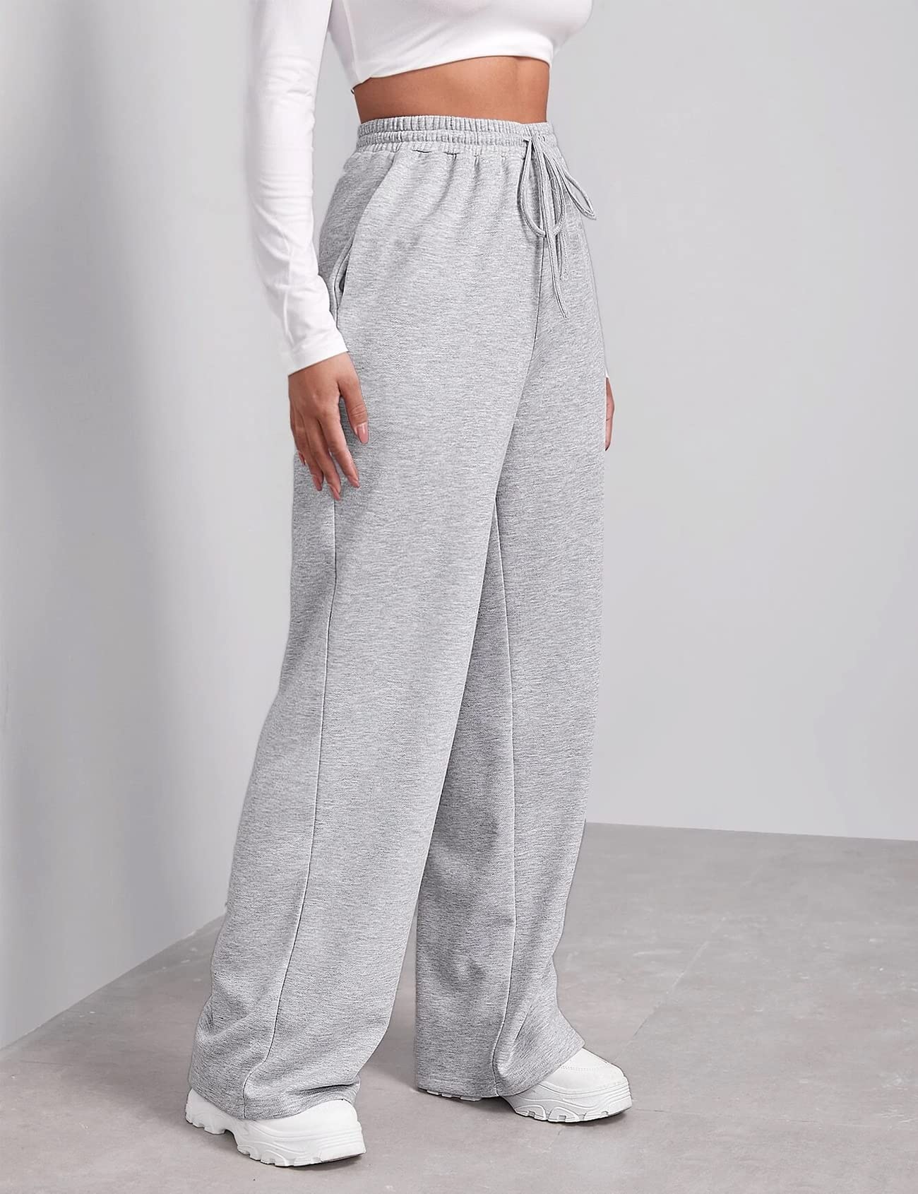 Wide Leg Sweatpants for Women Elastic High Waisted Drawstring Loose Pants with Pockets