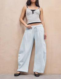 Women's Barrel Leg Sweatpant Drawstring Elastic Waisted Wide Leg Pants Casual Cotton Palazzo Trousers with Pockets