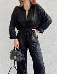 Women's 2 Piece Outfits Casual Long Sleeve Button Down Shirt High Waist Wide Leg Trouser Sets