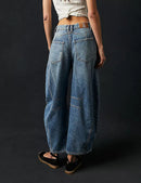 Women's Wide Leg Mid Waist Cropped Denim Pants Y2k Baggy Boyfriend Jeans with Pockets