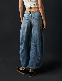 Women's Wide Leg Mid Waist Cropped Denim Pants Y2k Baggy Boyfriend Jeans with Pockets