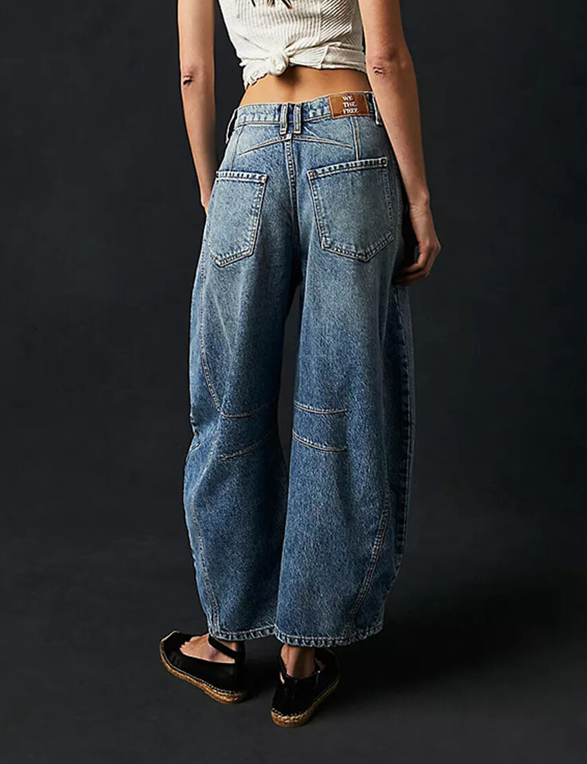 Women's Wide Leg Mid Waist Cropped Denim Pants Y2k Baggy Boyfriend Jeans with Pockets