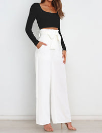 Wide Leg Pants for Women High Waisted Work Casual Flowy Tie Knot Trousers