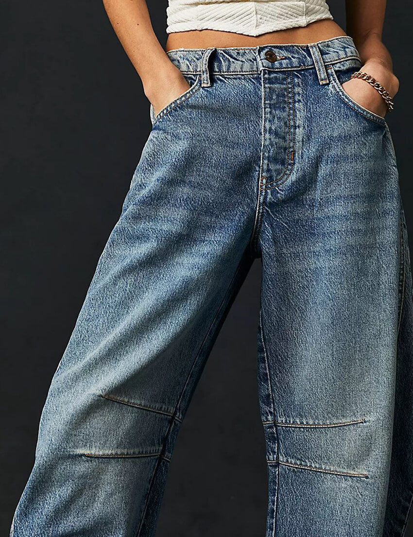 Women's Wide Leg Mid Waist Cropped Denim Pants Y2k Baggy Boyfriend Jeans with Pockets