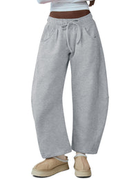 Women's Barrel Leg Sweatpant Drawstring Elastic Waisted Wide Leg Pants Casual Cotton Palazzo Trousers with Pockets