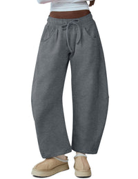 Women's Barrel Leg Sweatpant Drawstring Elastic Waisted Wide Leg Pants Casual Cotton Palazzo Trousers with Pockets