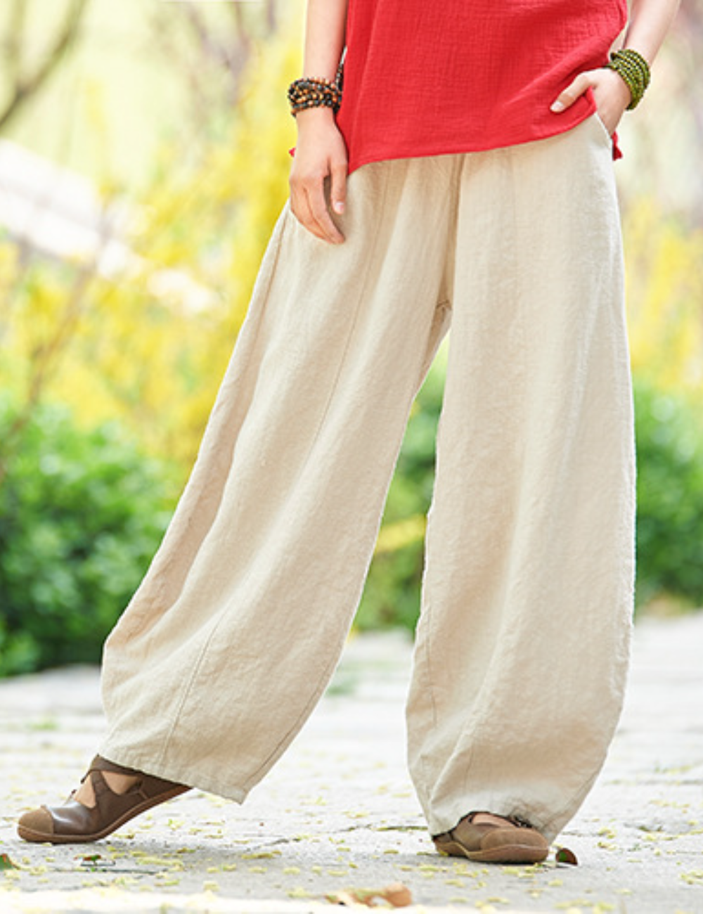 Women's Casual Cotton Linen Baggy Pants with Elastic Waist Loose Fit Lantern Trouser