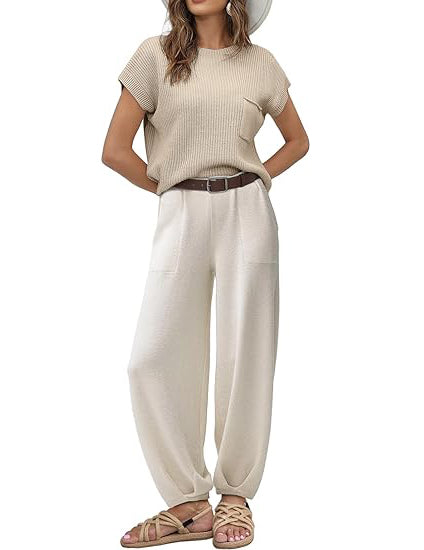 Women's 2 Piece Outfits Sweater Sets Knit Pullover Tops,High Waisted Pants Lounge Sets