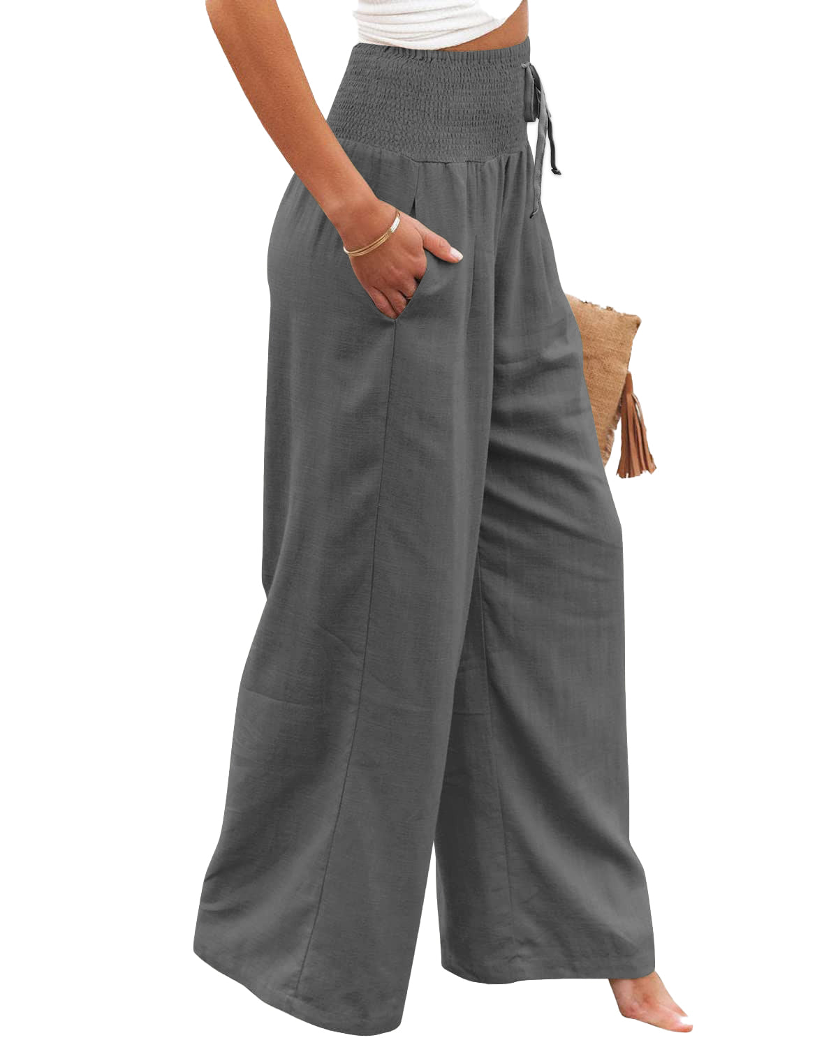 Womens Linen Pants Casual Lightweight Drawstring Elastic Waist Wide Leg Pants