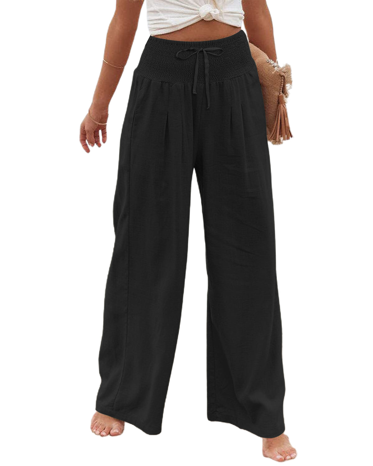 Womens Linen Pants Casual Lightweight Drawstring Elastic Waist Wide Leg Pants