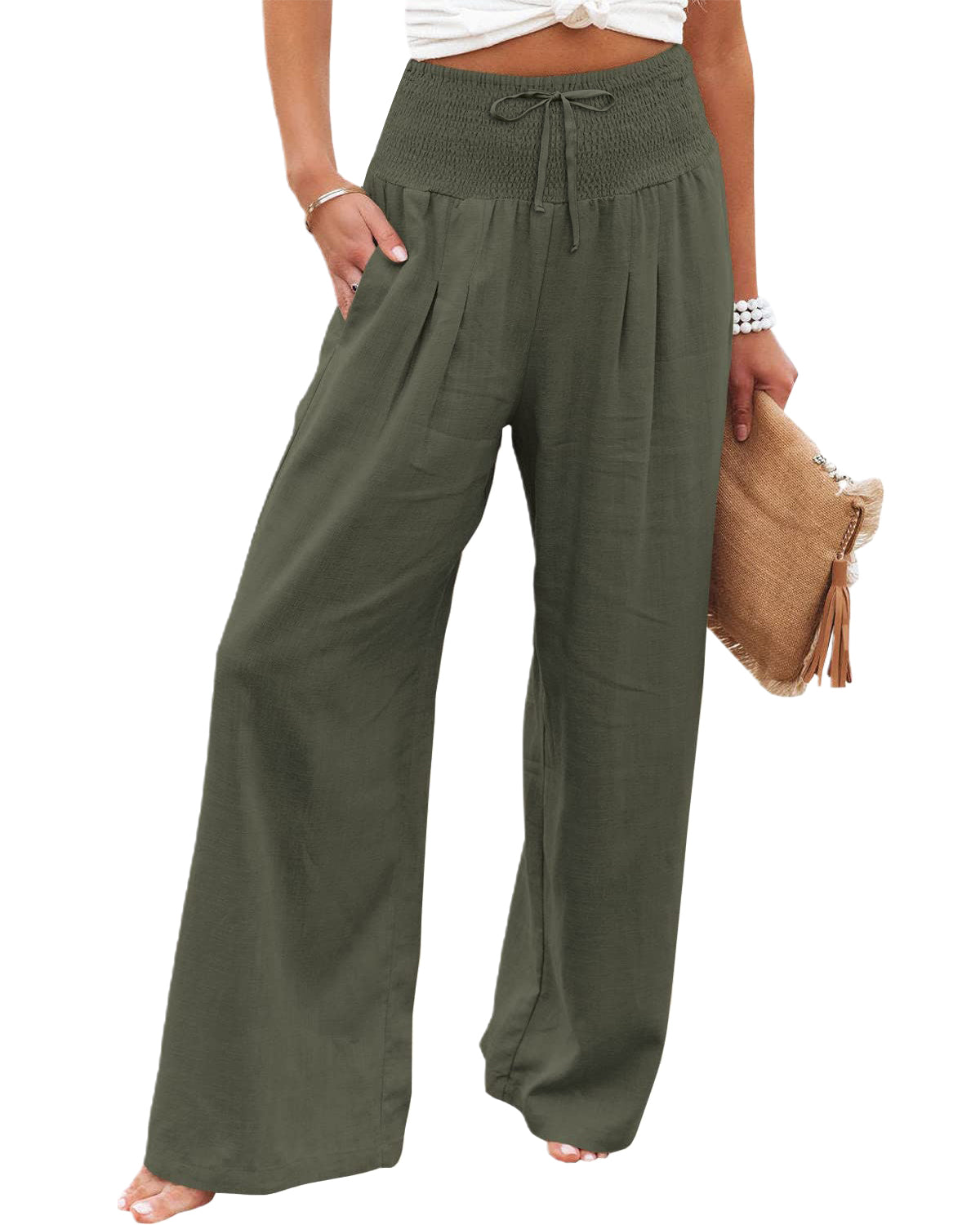 Womens Linen Pants Casual Lightweight Drawstring Elastic Waist Wide Leg Pants