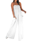 Women's Summer Jumpsuits Dressy Casual Linen Smocked Spaghetti Strap Rompers with Pockets