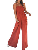 Women's Summer Jumpsuits Dressy Casual Linen Smocked Spaghetti Strap Rompers with Pockets