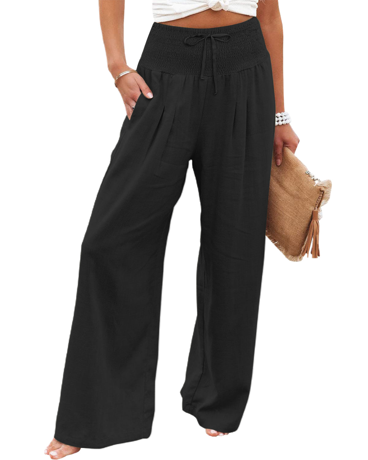 Womens Linen Pants Casual Lightweight Drawstring Elastic Waist Wide Leg Pants