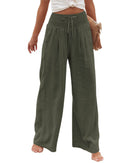 Womens Linen Pants Casual Lightweight Drawstring Elastic Waist Wide Leg Pants